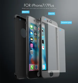 IPaky celého Tela Kryt puzdro Pre iPhone 7 360 Stupeň Pevného PC Ochranný obal Pre iPhone 7 Plus + Tvrdené Sklo