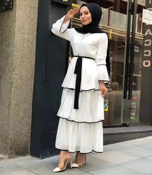 Dubaj Islamu, Moslimov Sladký Koláč Šaty Žien Svetlice Rukáv Krajky-up Multi-layer Zvrásnený Povrch Šaty Členok-dĺžka Islamské Oblečenie
