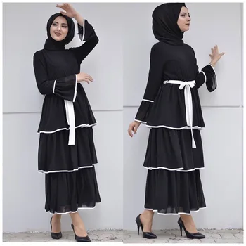 Dubaj Islamu, Moslimov Sladký Koláč Šaty Žien Svetlice Rukáv Krajky-up Multi-layer Zvrásnený Povrch Šaty Členok-dĺžka Islamské Oblečenie
