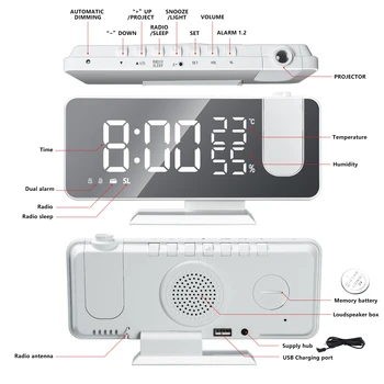 LED Digitálny Budík Sledovať Tabuľka Elektronické Ploche Hodiny USB Wake Up FM Rádio Čas Projektor Spánok Funkcia Alarm 2