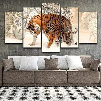 HD Vytlačené Plátno Modulárny Obrázky Plagát Domova 5 Panel Snehu Lesa Tigre Zvierat Zarámované Múr Umenia Maľby Obývacia Izba