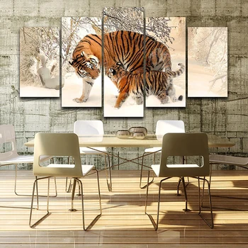 HD Vytlačené Plátno Modulárny Obrázky Plagát Domova 5 Panel Snehu Lesa Tigre Zvierat Zarámované Múr Umenia Maľby Obývacia Izba