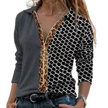 Žena Tshirts Leopard Koberčeky, Šitie tvaru Zips Ženy Topy Bežné Farbou Dlhým Rukávom Office T-shirt 2021 Fashion Tričko
