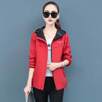 Vytlačené kapucňou bundy ženy Jar príležitostné voľné plus veľkosť outwear dve bočné opotrebenie M-4XL Windbreaker coats kórejský štýl topy