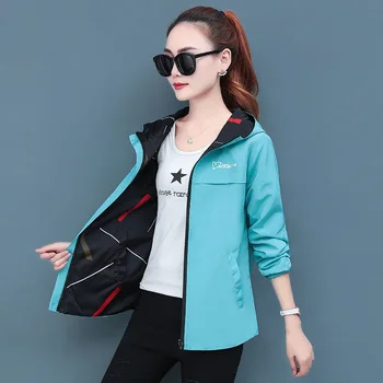 Vytlačené kapucňou bundy ženy Jar príležitostné voľné plus veľkosť outwear dve bočné opotrebenie M-4XL Windbreaker coats kórejský štýl topy