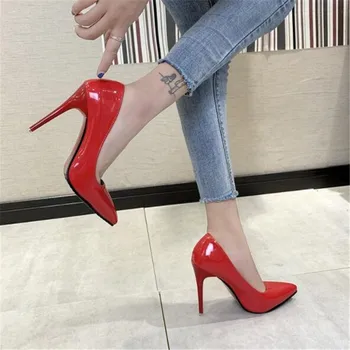 Nový 10 cm červená farba poukázal na vysoké podpätky stiletto plytké úst sexy čierna lakovaná koža pracovné topánky dámske topánky Plus Veľkosť 34-43