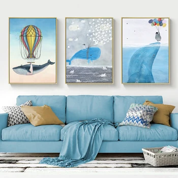DDHH Roztomilé modré Veľryby a Delfíny zvierat Paiting Domova Na Plátno na Stenu Umelecké Plátno Plagáty A Tlačí Fotografie Bez rámu
