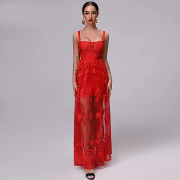 Sexy Červené Čipky Žien Obväz Šaty na Jeseň 2020 Špagety Popruh Bodycon Klub Dlhé Pohľadu Fashion Party, Vianočné Šaty