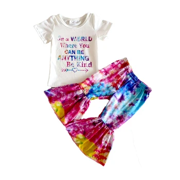 Hot predaj módnych deti letné oblečenie baby girl farebné písmená dizajn tričko a tie-dye bell nohavice nastaviť dievča módne oblečenie
