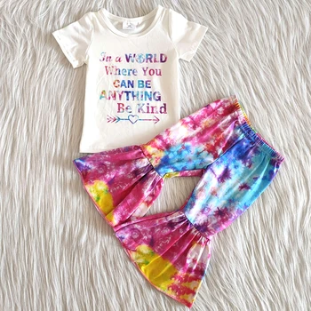 Hot predaj módnych deti letné oblečenie baby girl farebné písmená dizajn tričko a tie-dye bell nohavice nastaviť dievča módne oblečenie