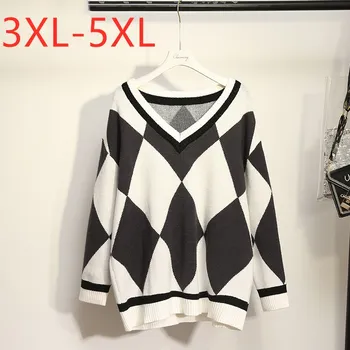 Nové dámske jesenné zimné plus veľkosť sveter pre ženy veľký, dlhý rukáv voľné šedá biela koberčeky V krku pletený sveter 3XL 4XL 5XL