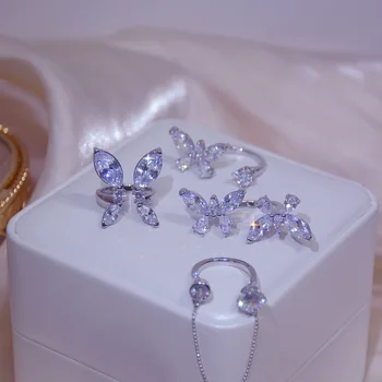 Lesklé Strane Nové Príslušenstvo Crystal Butterfly Svadobné Prstene pre Ženy Jednoduchý Štýl Darček Otvorte Nastaviteľné Zásnubné Prstene