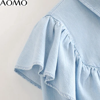 AOMO ženy elegantné modré džínsové šaty za volánikmi 2020 módne dlhý rukáv lady volánikmi tričko šaty vestidos 3H384A
