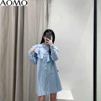 AOMO ženy elegantné modré džínsové šaty za volánikmi 2020 módne dlhý rukáv lady volánikmi tričko šaty vestidos 3H384A