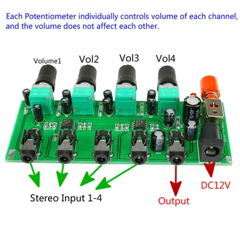 GHXAMP Stereo Mixer (4 Vstup ,1 výstup), Individuálne Ovládanie Dosky DIY Slúchadlá Zosilňovač Prípade, DC12V