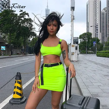 Hugcitar pracky kapela camis skrit 2 kus dvoch súbor 2019 lete ženy fashion pásu patchwork neon zelená streetwear sady