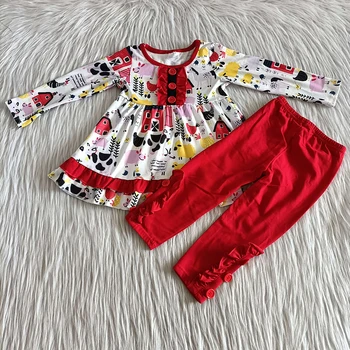 Deti oblečenie farmy bežné šaty s dlhým rukávom roztomilý dizajn, baby, dievčatá červené nohavice volánikmi oblečenie