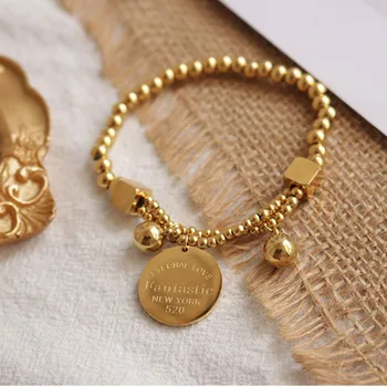 Elastická zlatá korálkový náramok pre ženy nehrdzavejúcej ocele veľkoobchod mince písmeno disku kúzlo náramok elegantná móda 2020
