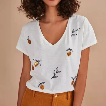 Flitrami Výšivky T Shirt Ženy Letné Krátke Rukáv V krku Elegantné Ležérne Košele Vintage Kvetinový Tees Topy 2020