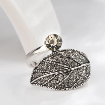 Kinel Retro Crystal Leaf Prstene Pre Ženy Móda Antique Silver Farba Luxusné Drahokamu Vintage Šperky Darček Veľký Kruh