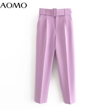 AOMO 2020 ženské práce purpurový oblek nohavice vysoký pás nohavice krídla vrecká office dámske nohavice módne nohavice 6A22A