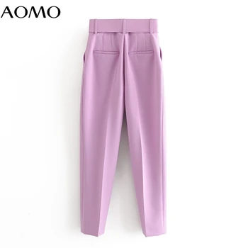 AOMO 2020 ženské práce purpurový oblek nohavice vysoký pás nohavice krídla vrecká office dámske nohavice módne nohavice 6A22A