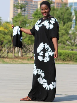 Dashikiage čierna bavlna mäkkou textúrou pohodlné šaty s veľkým šatku
