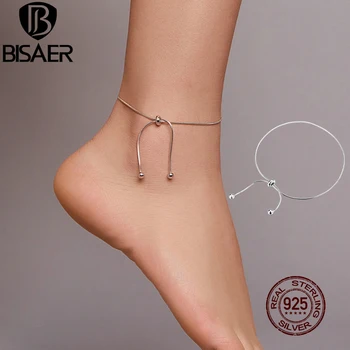 BISAER Štýlový Jednoduché Ponožky 925 Sterling Silver 25 cm Nastaviteľné Nohy Reťazca Anklet Pre Ženy Nohy Nohy Odkaz Šperky ECT016
