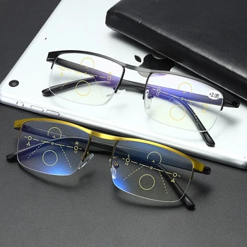Progresívna Multifokálna Okuliare Na Čítanie Pol Rám Kov Presbyopia Okuliare, Anti Modré Svetlo Námestie Okuliare Mužov Gafas Diopter+4