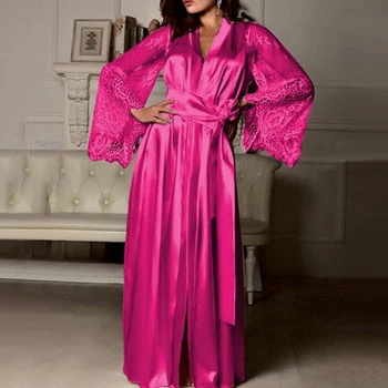 2021 Sexy Spodnú Bielizeň Ženy Hodváb Čipky Dlhé Šaty, Šaty Pyžamo Nightdress Farbou Nightgown Sleepwear