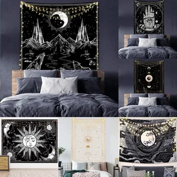 Black White Sun Moon Hviezdne Nebo Gobelín Stene Visí Astrológia, Veštenie Matwitchcraft Hippie Mandaly Psychedelic Taiji Dekor