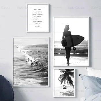 Čierna a Biela Seascape Plagát Pláži Surfovanie Plátno na Maľovanie Vlny Tapety Nordic Výzdoba Domov Tlač Umeleckých Remesiel Obrázok