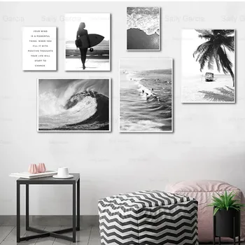 Čierna a Biela Seascape Plagát Pláži Surfovanie Plátno na Maľovanie Vlny Tapety Nordic Výzdoba Domov Tlač Umeleckých Remesiel Obrázok
