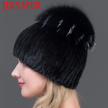 JERYAFUR Zimné Dámske teplé kožušiny klobúk žena je skutočný noriek pletené klobúk fox vlna ski hat ručne šité doprava zadarmo