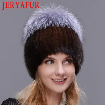 JERYAFUR Zimné Dámske teplé kožušiny klobúk žena je skutočný noriek pletené klobúk fox vlna ski hat ručne šité doprava zadarmo
