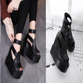 2019 nový kórejský v rámci zvýšiť hrubé kliny-soled platformu muffin dámske topánky 14 cm super vysokým podpätkom duté ryby úst sandále