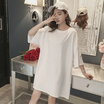 #2618 Letné Bavlnené Tričká Šaty Ženy, Plus Veľkosti XXL O tvaru Písmena Módne kórejský Dámy T-shirt Dress Žena Midi Šaty