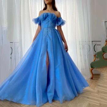 UZN Nové Príchodom-Line Blue Tylu Kvet Bustier Prom Šaty Elegantné Nafúknuté Rukávy Večerné Šaty Plus Veľkosti Ramena Strany