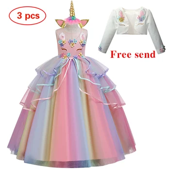 Fantasy Jednorožec dievčatá dlhé šaty narodeniny princezná šaty Svadobné kvet dievča Rainbow cake oka Karneval šaty party šaty