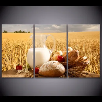 Moderné Nástenné Umelecké Plátno Obrázky Reštaurácia Domova Kuchyňa Vytlačí Plagáty 3 Kusy Pšeničné Pole Chlieb Potraviny Obrazy Rámec