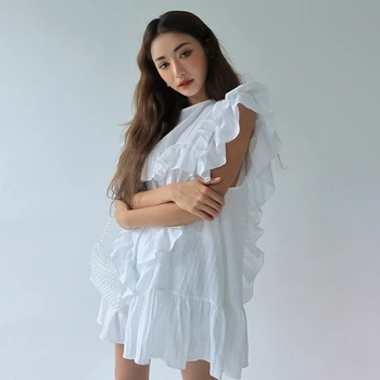 CHICEVER kórejský Patchwork Prehrabať Šaty Pre Ženy O Krk Motýľ Krátky Rukáv Nadrozmerná Voľné Mini Šaty 2020 Nové Oblečenie