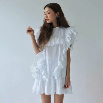 CHICEVER kórejský Patchwork Prehrabať Šaty Pre Ženy O Krk Motýľ Krátky Rukáv Nadrozmerná Voľné Mini Šaty 2020 Nové Oblečenie