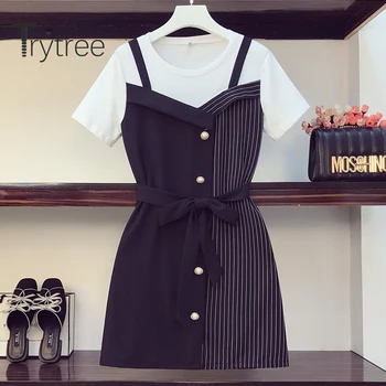 Trytree 2020 Lete Ženy Bežné Šaty Voľné Falošné dva kusy Patchwork Prúžok Módne Šaty Mini Pás Tlačidlo Elegantné Šaty