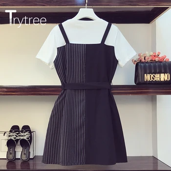 Trytree 2020 Lete Ženy Bežné Šaty Voľné Falošné dva kusy Patchwork Prúžok Módne Šaty Mini Pás Tlačidlo Elegantné Šaty