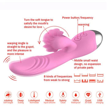 360° Rotácia Masér Silikónový Vibračný Jazyk Mačička Olizovanie Hračky 48℃ Kúrenie Masáž Prútik Stimulátor Klitorisu pre Ženy