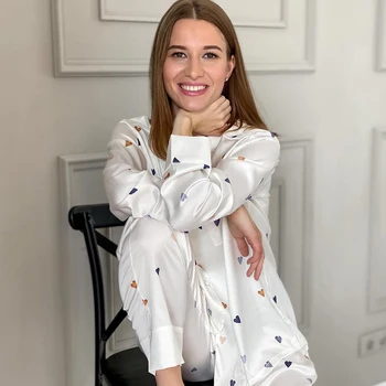 HiLoc Láska Vzor Dlhý Rukáv Dve Dielna Sada Elegantný Vreckový Saténové Pyžamá Pre Ženy Sleepwear Tlač Voľné Domov Vyhovovali Nastaviť 2021 Jar