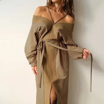 Zimné Elegantné Hnedé Dlhé Šaty 2020 Ženy Krajky-Up Pletené Šaty Jeseň Dámske Sexy Mimo Ramenné Drážky Šaty S Dlhým Rukávom