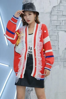 Kontrast sveter kabát žena 2019 začiatku jesene, kórejská verzia hip hop dievča karikatúra lásky flitrami červený pletený sveter tide