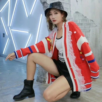 Kontrast sveter kabát žena 2019 začiatku jesene, kórejská verzia hip hop dievča karikatúra lásky flitrami červený pletený sveter tide