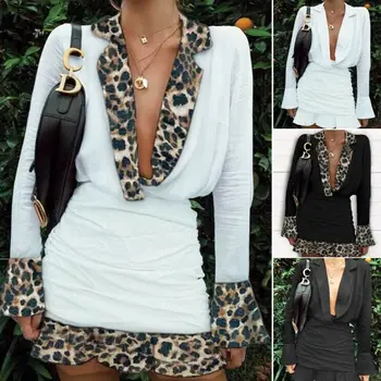 Sexy Ženy Hlboko V Krku Leopard Tričko Šaty Ponoriť Ruched Prehrabať Putá Vysoký Pás Dlhý Rukáv Mini Šaty